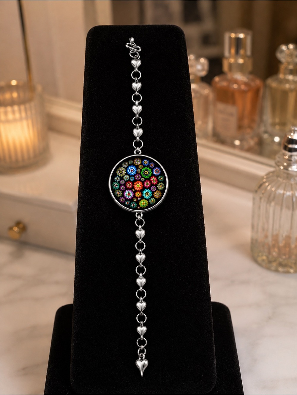 Handmade Millefiori Floral Glass Bracelet Silver Heart Links One of a Kind